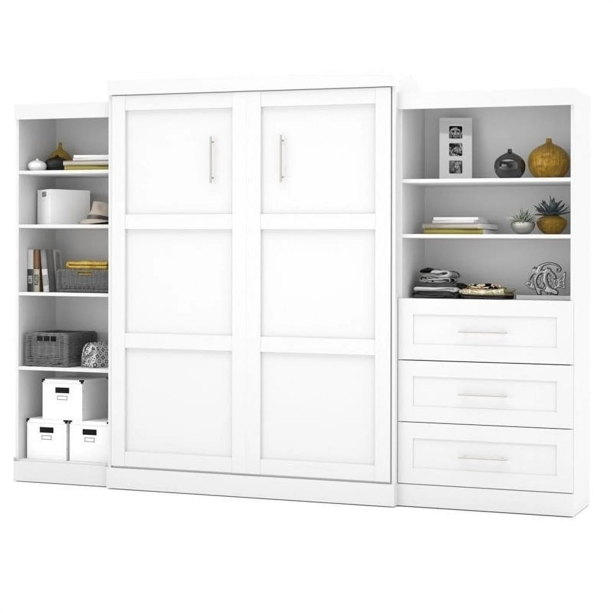 White Wood Queen Storage Wall Bed I599