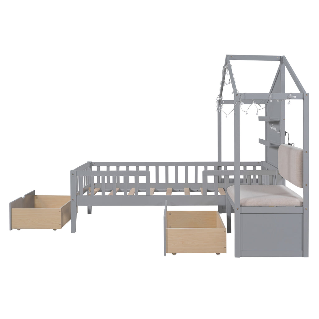 Twin Size House Bed with Upholstered Sofa, Charging Station, Shelves and Two Drawers, Gray Y778429
