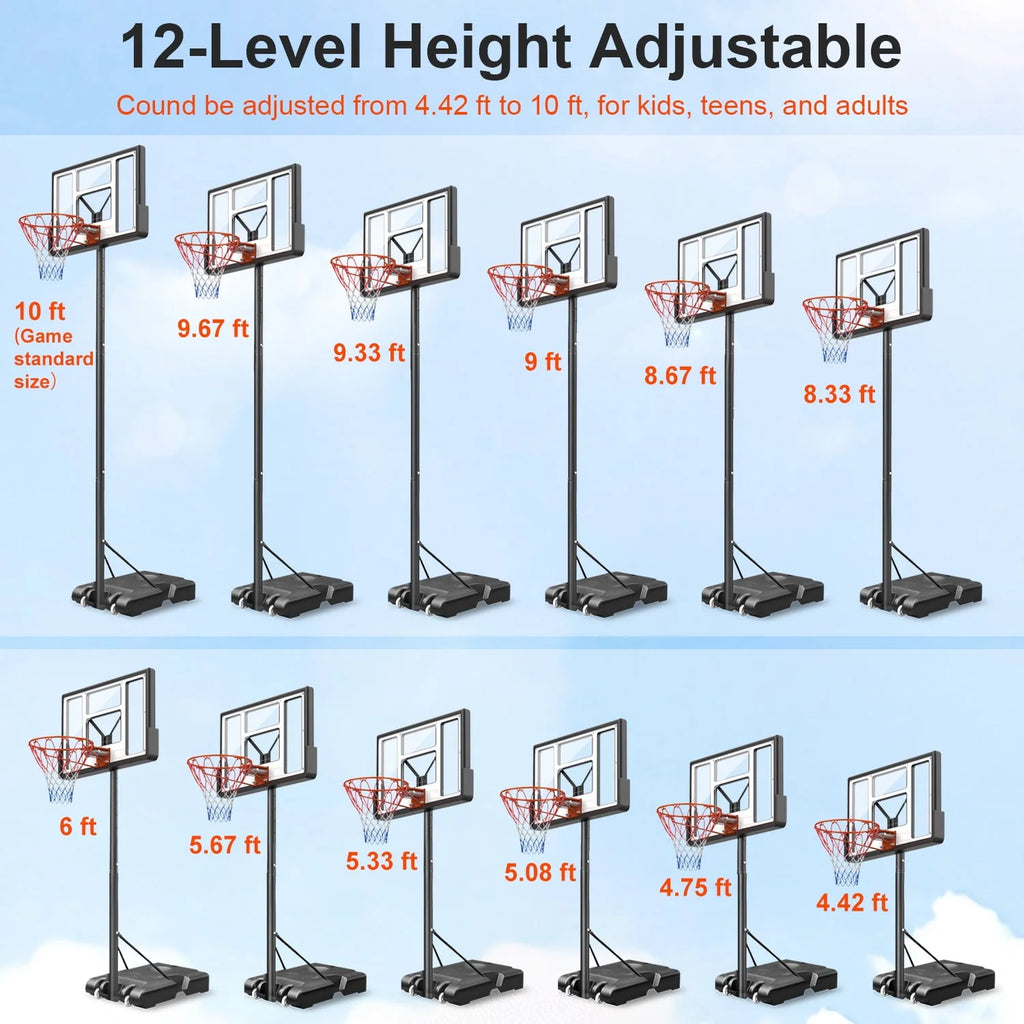 Height Adjustable Portable Basketball Hoop with Shatterproof PVC Backboard and 18 Rim A2259