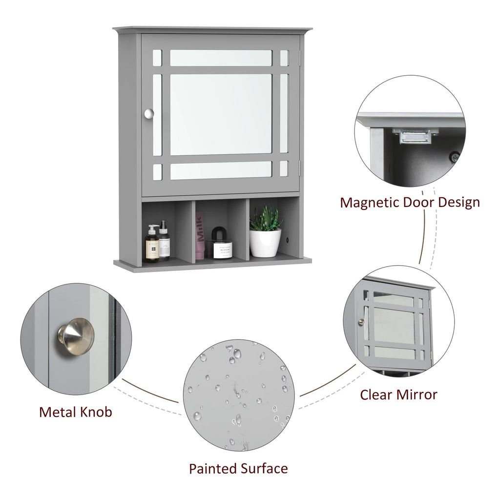 Gray Wall Mount Bathroom Cabinet with Mirror Door and Open Shelves G913379