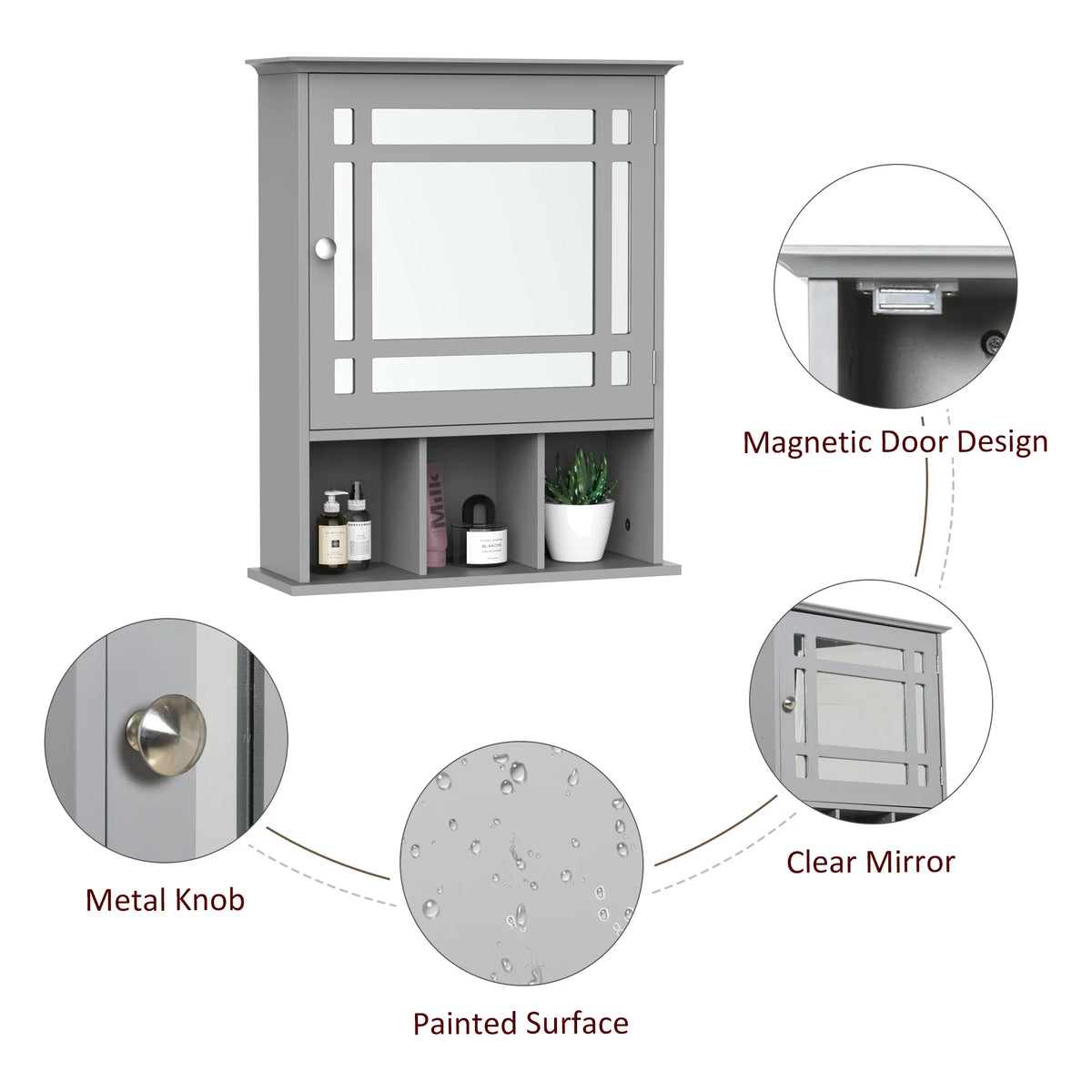Gray Wall Mount Bathroom Cabinet with Mirror Door and Open Shelves G913379