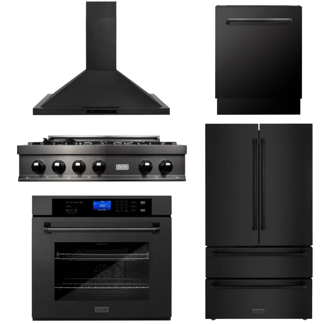 36 Gas Rangetop, Range Hood, Refrigerator, Dishwasher, Wall Oven in Black Stainless J80866
