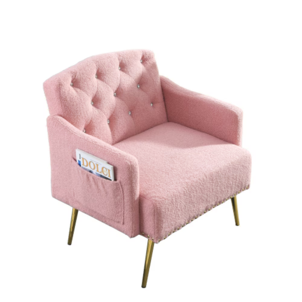 Pink Teddy Upholstered Chesterfield Chair with Gold Hardware Legs H457