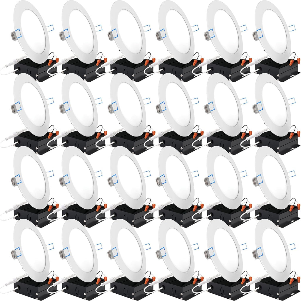 24 Pack 4 Inch Ultra Thin LED Recessed Ceiling Lights, 3000K Warm White, Dimmable 10W, 650 LM, Smooth Trim Damp Rated D700