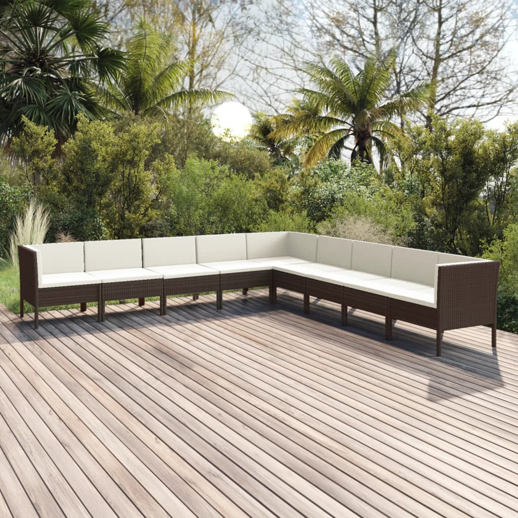 9 Piece Cream White Cushion Brown Poly Rattan Patio Lounge Set U47037
