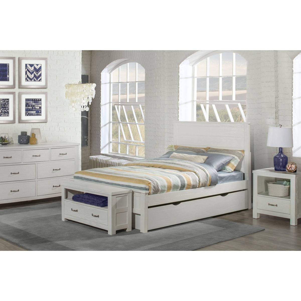White Full Panel Bed with Trundle P6796