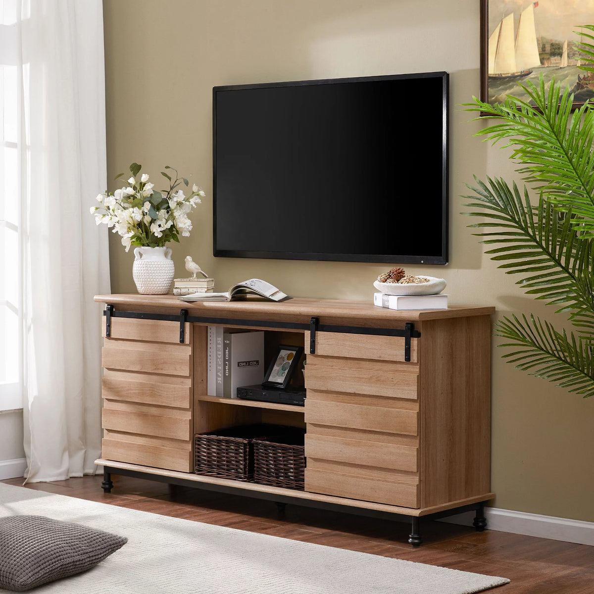 Light Brown TV Stand with Sliding Barn Door T7600