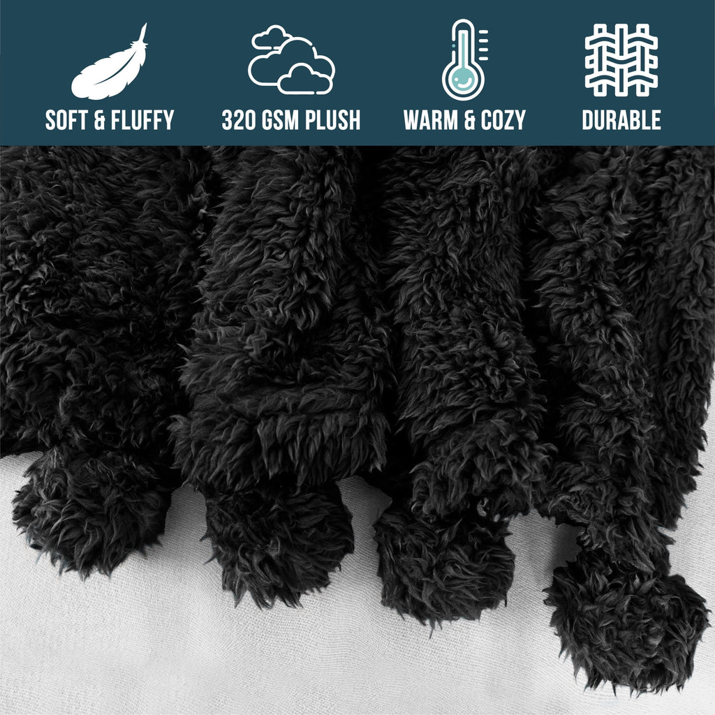 Black Sherpa Throw Blanket with Pom Pom Fringe 50x60 in U7060