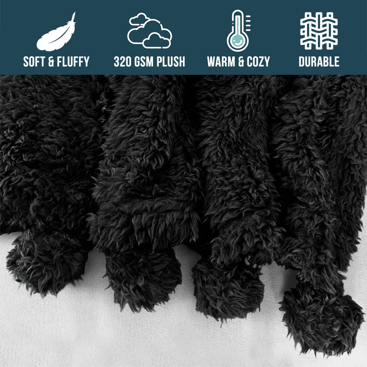 Black Sherpa Throw Blanket with Pom Pom Fringe 50x60 in U7060