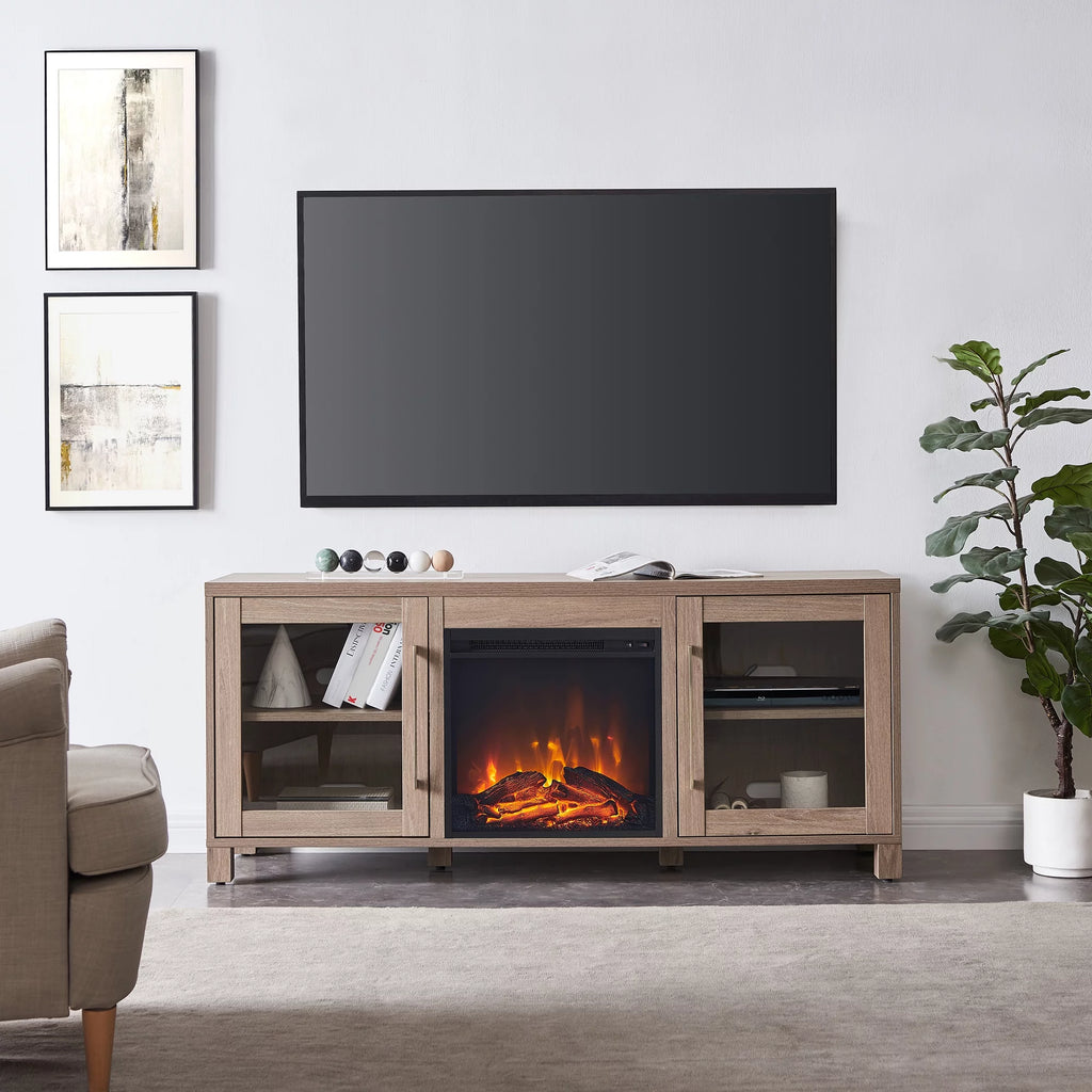 Antiqued Gray Oak Rectangular TV Stand with Log Fireplace H746160