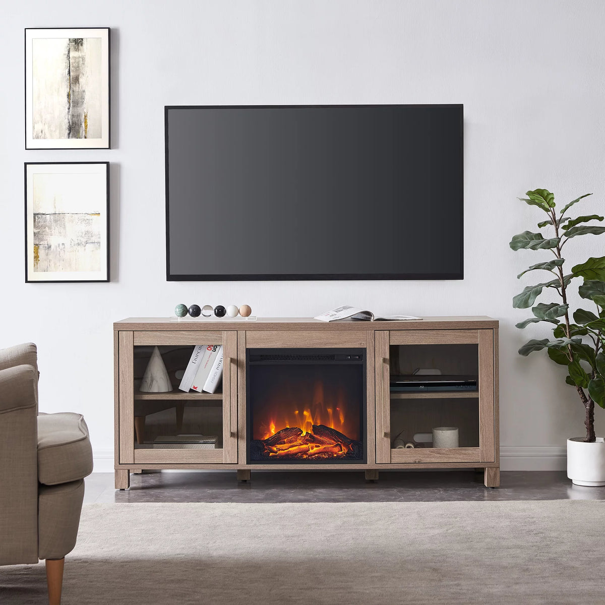Antiqued Gray Oak Rectangular TV Stand with Log Fireplace H746160