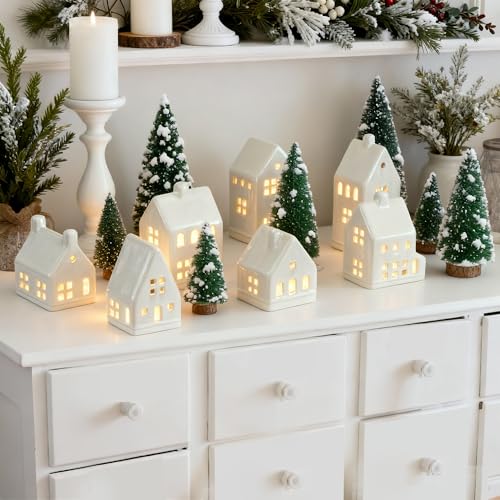 White Ceramic Christmas Village Set with LED Tea Lights and Mini Trees T730
