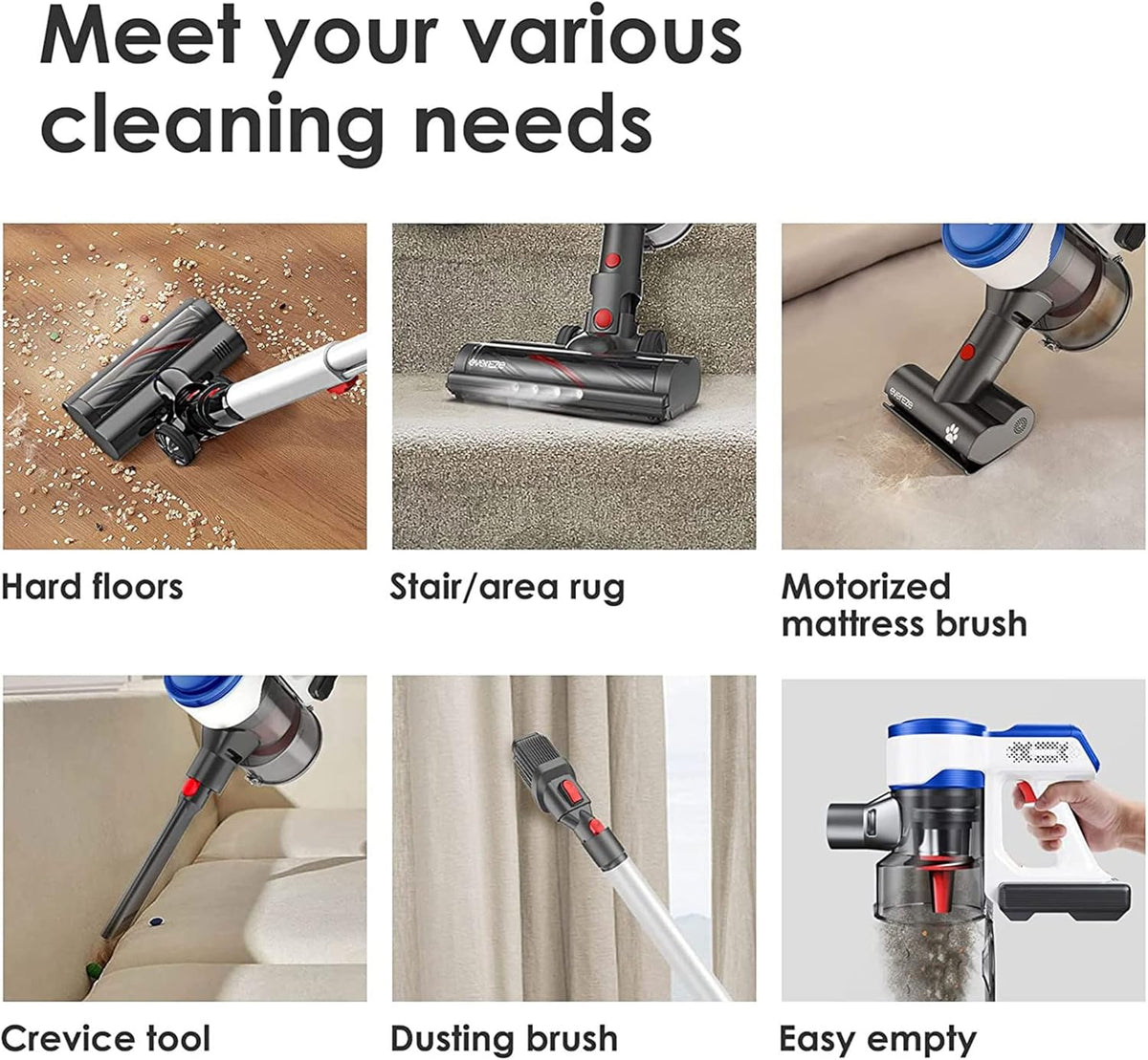Cordless Vacuum Cleaner with Two Batteries, 25KPa Suction, Motorized Mattress Brush P4212
