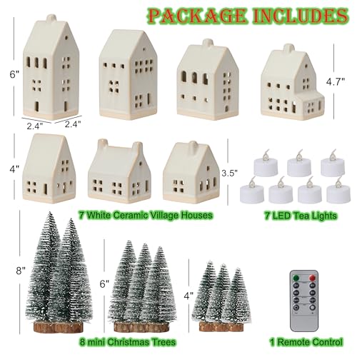White Ceramic Christmas Village Set with LED Tea Lights and Mini Trees T730