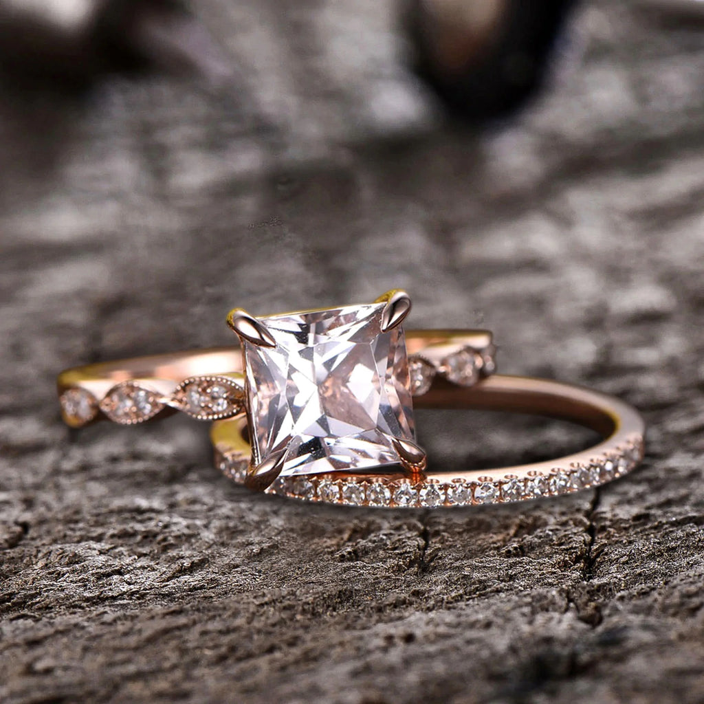 10k Rose Gold Morganite Diamond Moissanite Wedding Set S659
