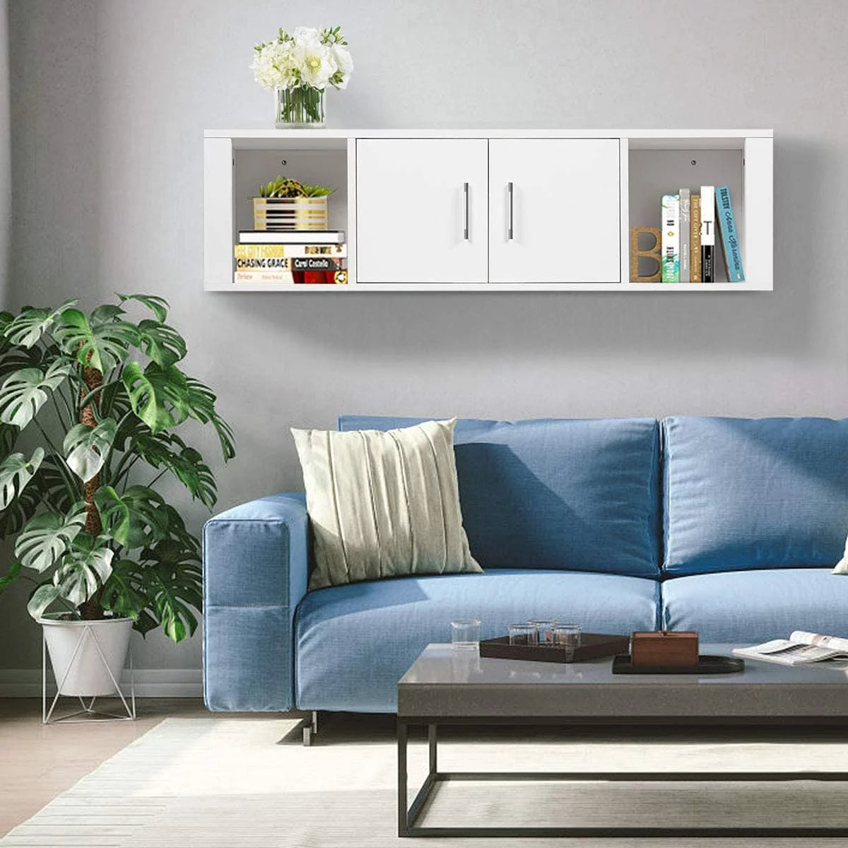 Wall Mounted Storage Cabinet 2 Cube Floating Desk with 2 Doors and 2 Open Shelves White Z1271
