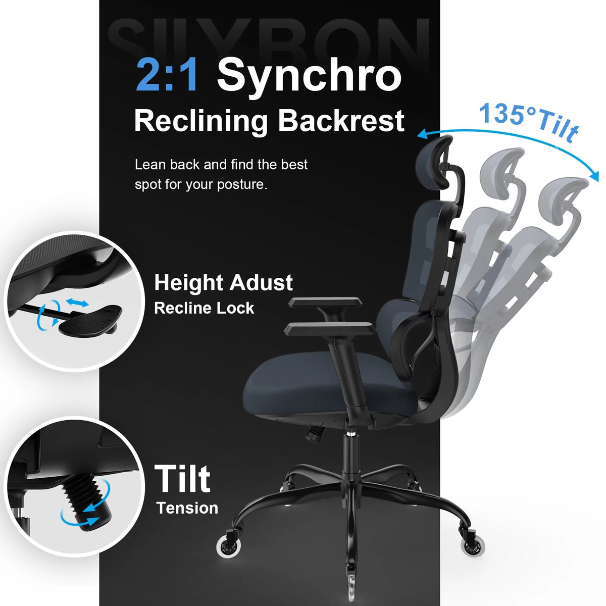 Ergonomic Mesh Office Chair with Lumbar Support and Wheels, Black V956362