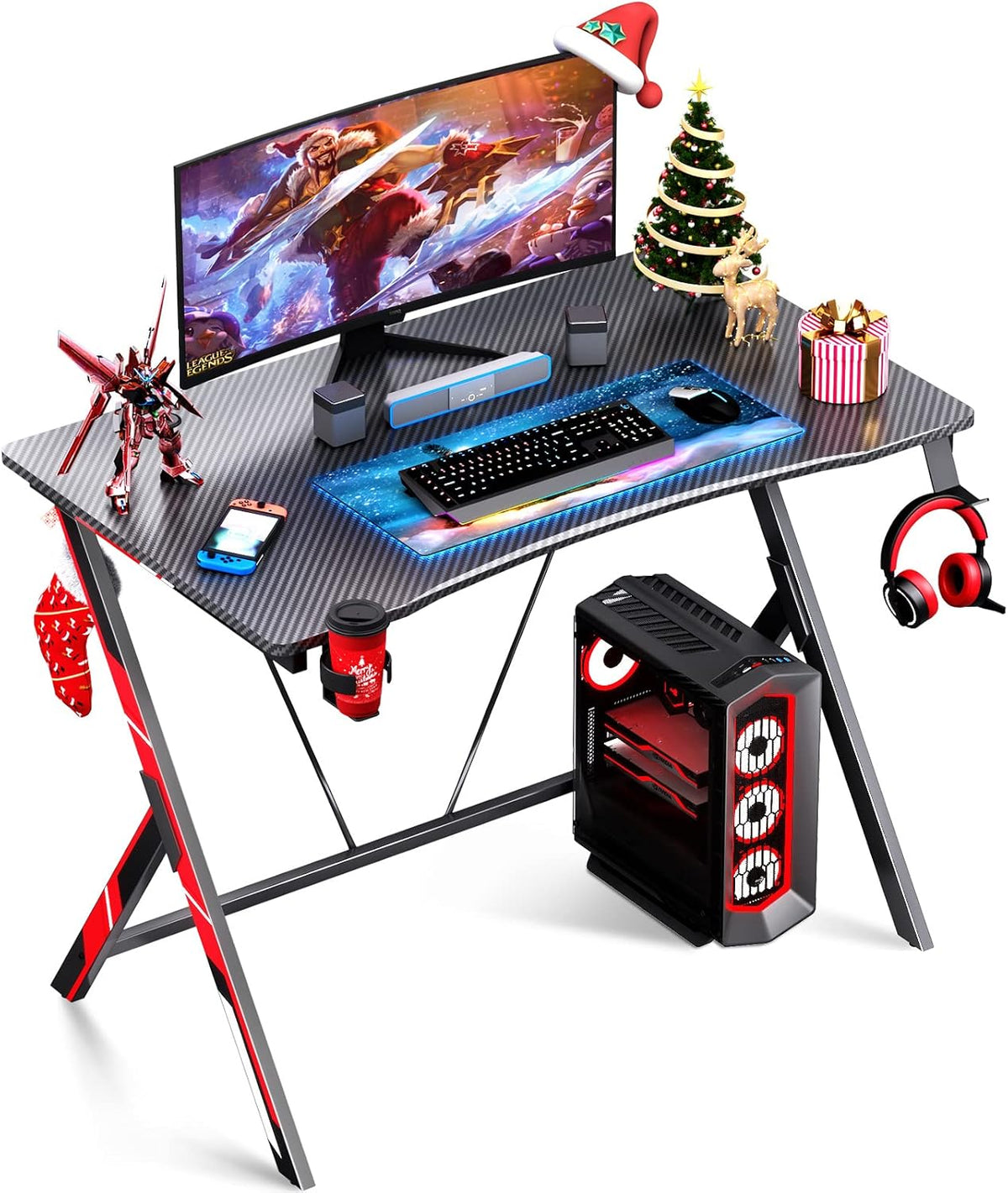 31 inch Gaming Desk with Carbon Fiber Surface and Headphone Hook and Cup Holder S729333