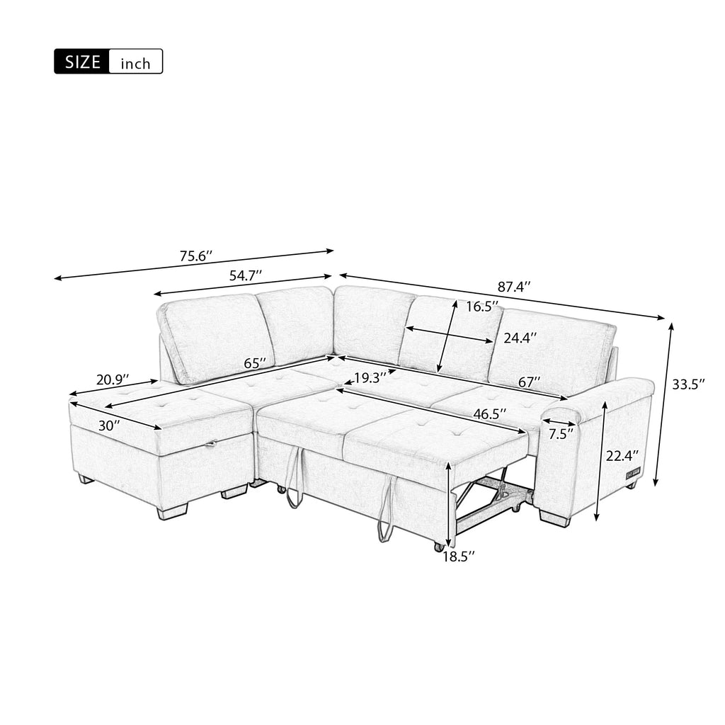 Gray L-Shape Sleeper Sectional Sofa with Storage Ottoman H587661