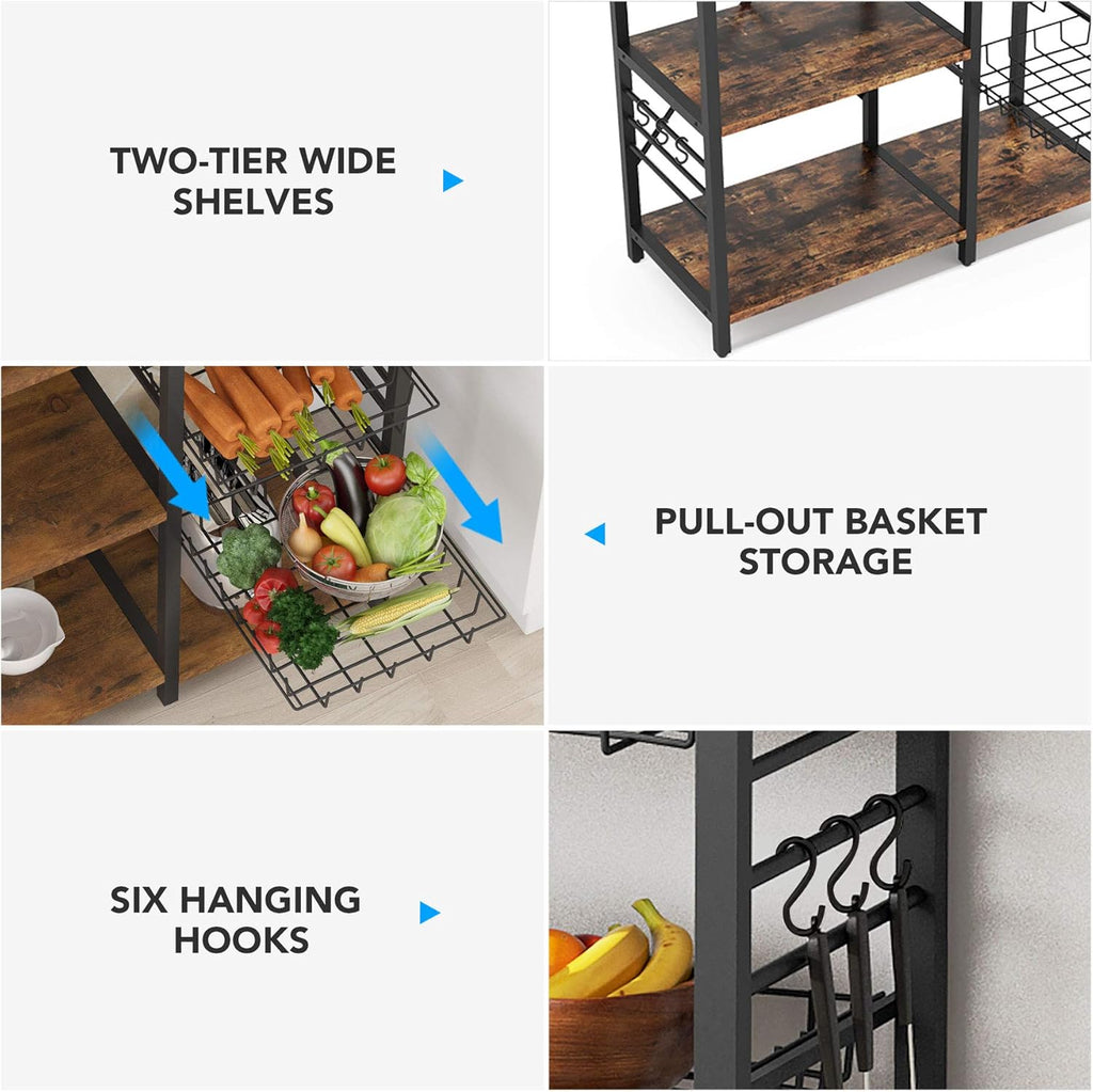 Kitchen Cart Microwave Oven Stand Utility Storage Shelf with Wire Basket and 6 Hooks Z25709