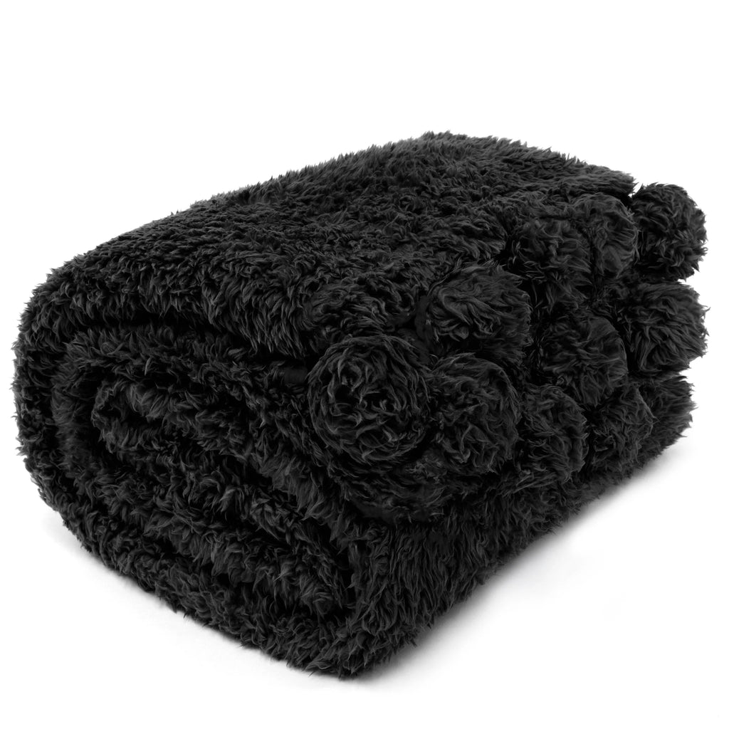 Black Sherpa Throw Blanket with Pom Pom Fringe 50x60 in U7060
