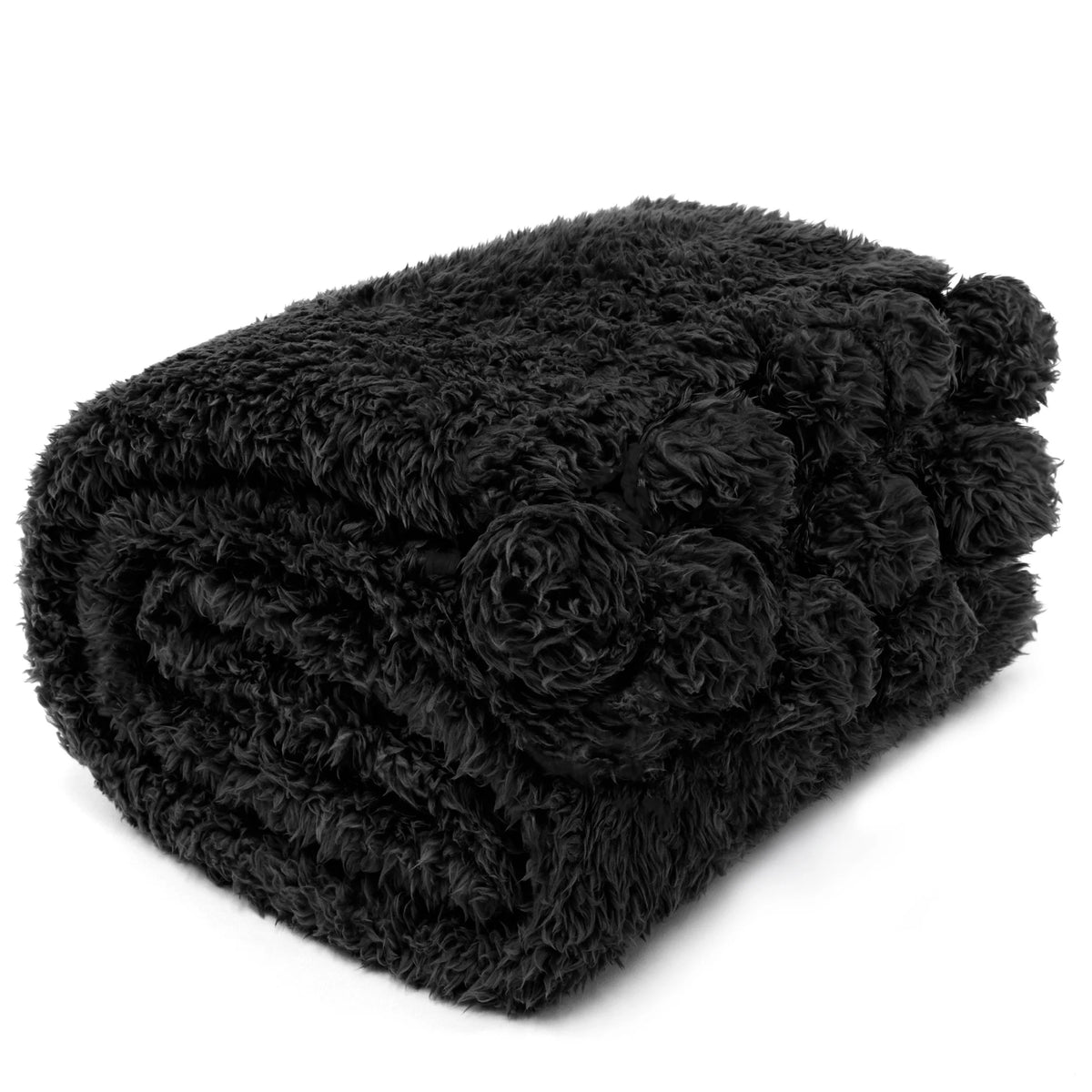 Black Sherpa Throw Blanket with Pom Pom Fringe 50x60 in U7060