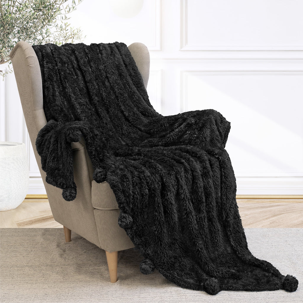 Black Sherpa Throw Blanket with Pom Pom Fringe 50x60 in U7060