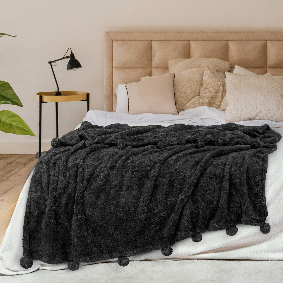 Black Sherpa Throw Blanket with Pom Pom Fringe 50x60 in U7060