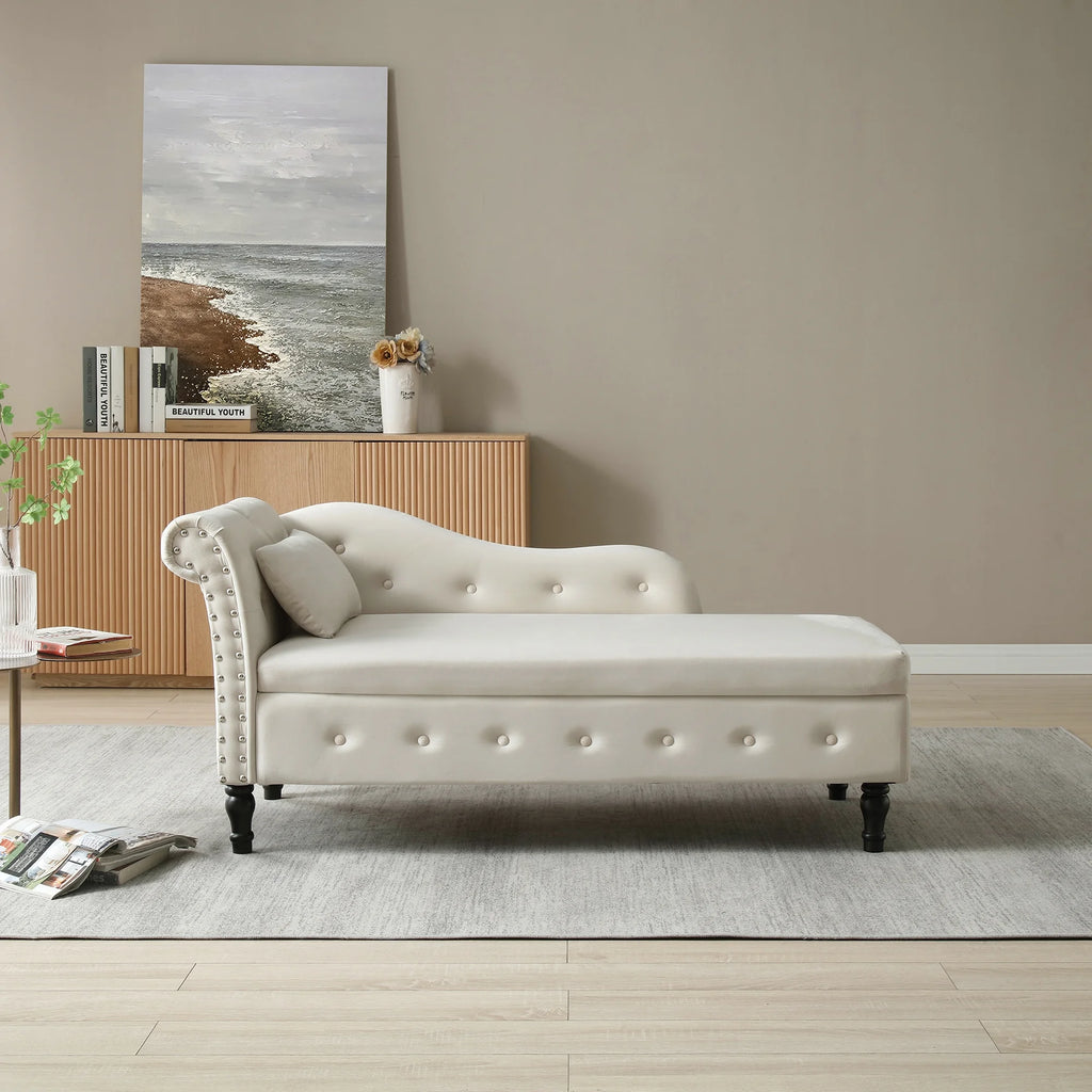 Beige Velvet Storage Chaise Lounge with 1 Pillow T2141
