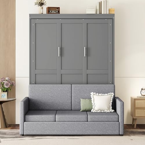 Queen Size Murphy Bed with Sofa and Top Shelf White A87712