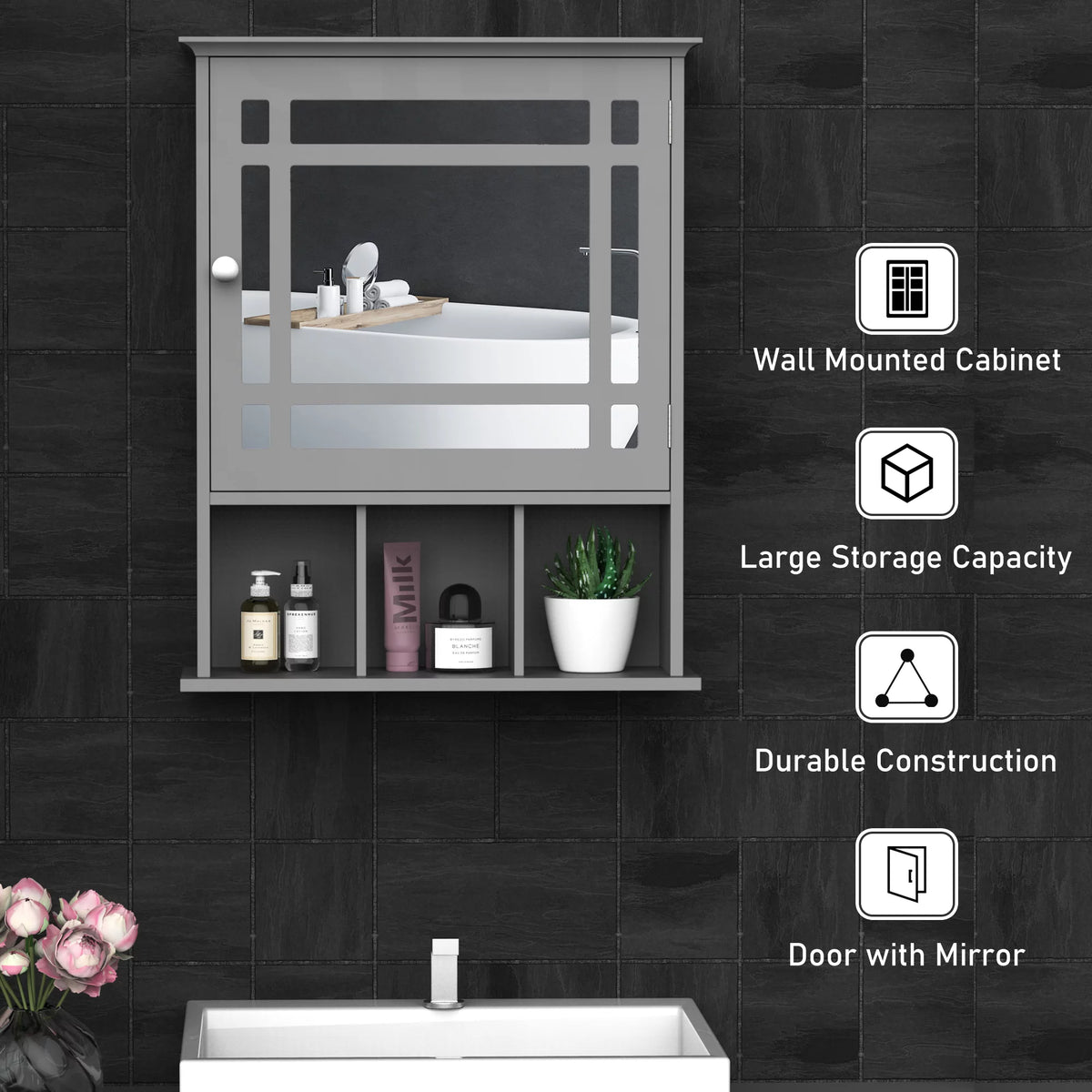 Gray Wall Mount Bathroom Cabinet with Mirror Door and Open Shelves G913379