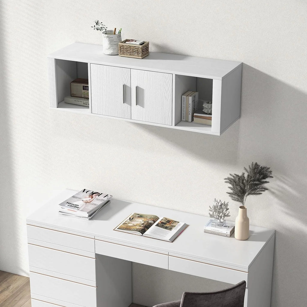 Wall Mounted Storage Cabinet 2 Cube Floating Desk with 2 Doors and 2 Open Shelves White Z1271