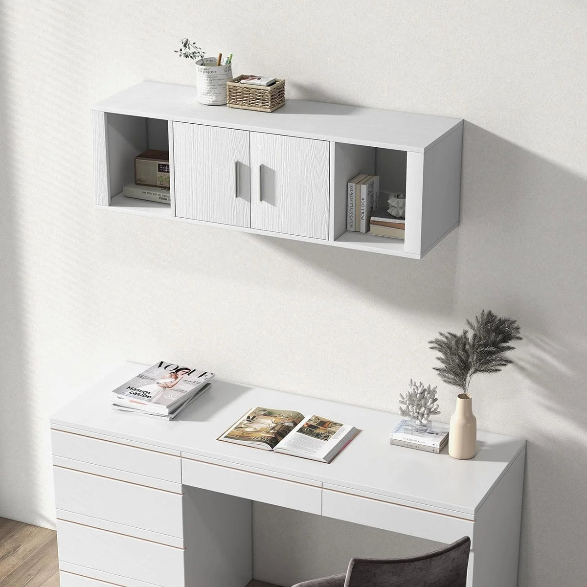 Wall Mounted Storage Cabinet 2 Cube Floating Desk with 2 Doors and 2 Open Shelves White Z1271