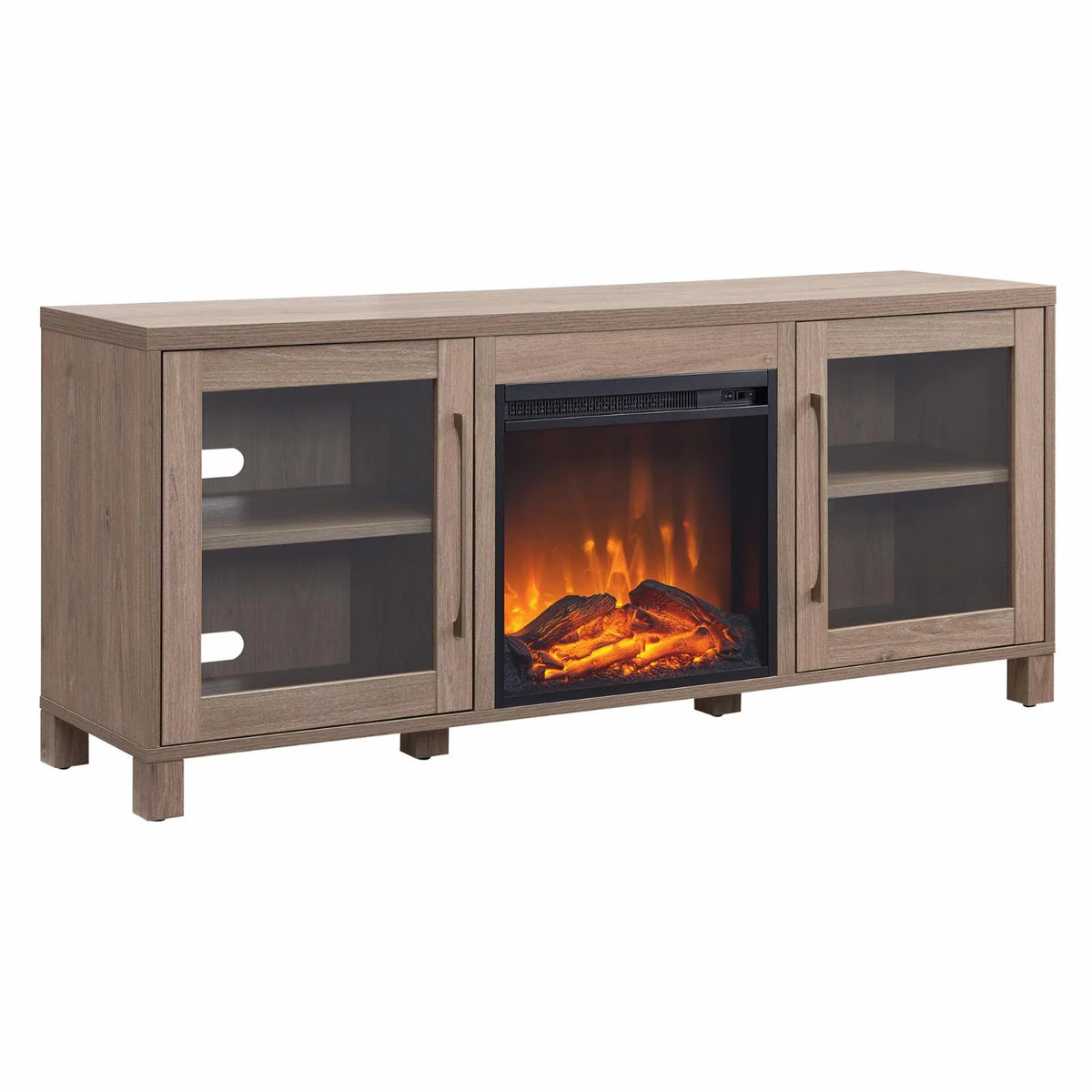 Antiqued Gray Oak Rectangular TV Stand with Log Fireplace H746160