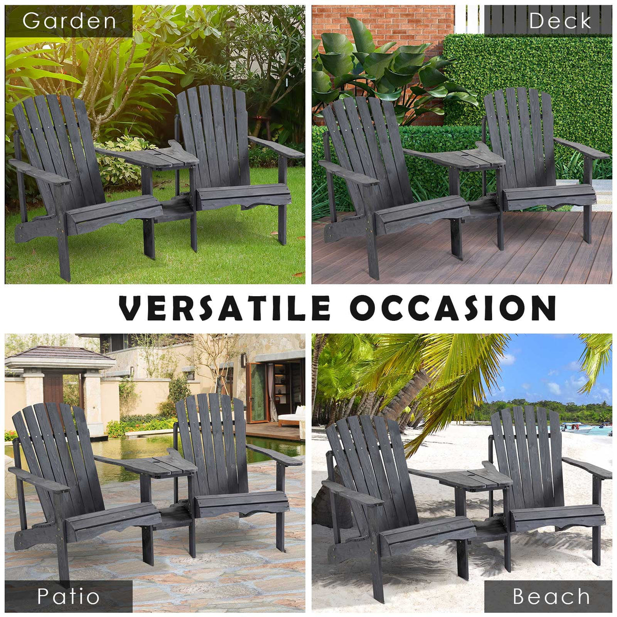 Grey 2 Wood Adirondack Chairs with Center Table R833