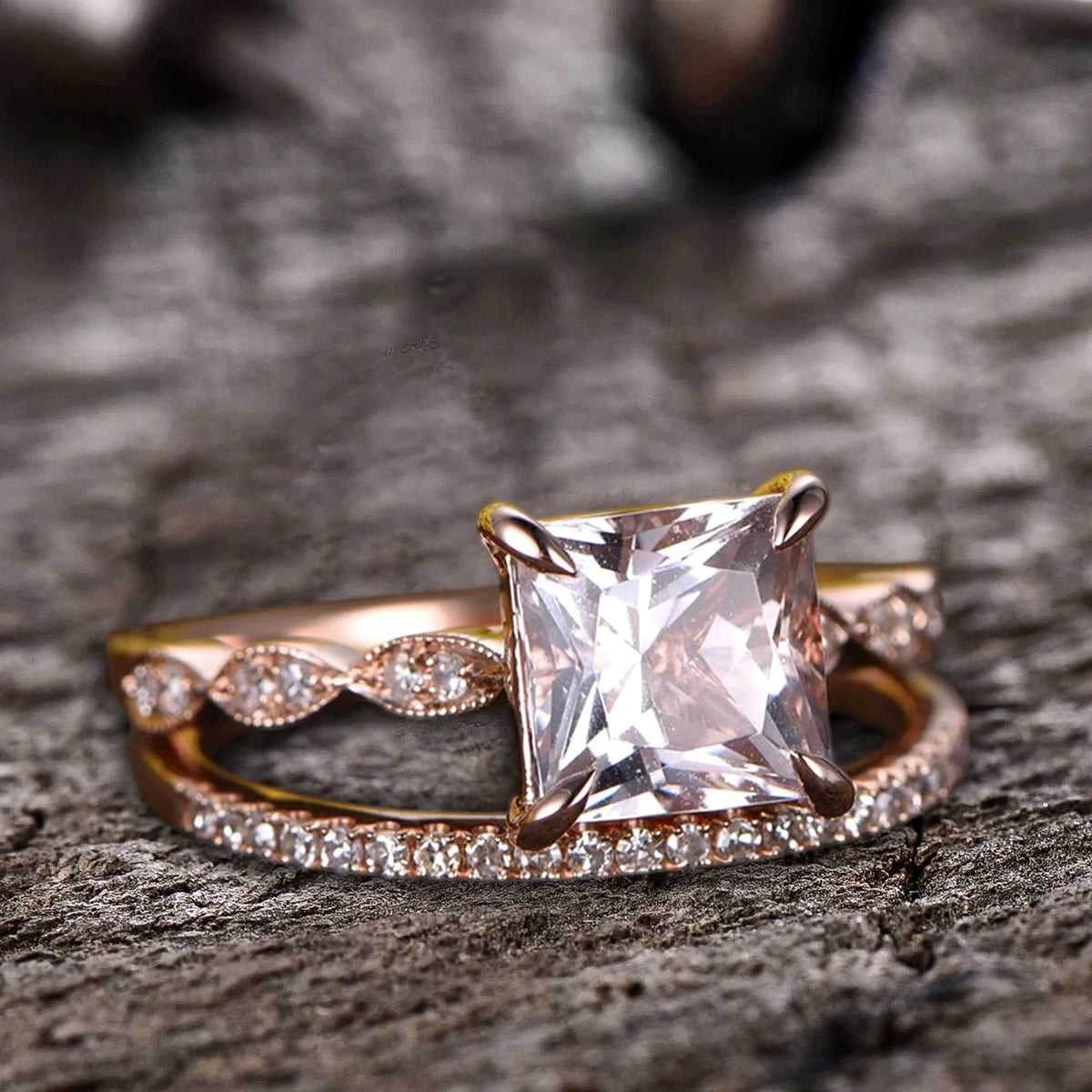 10k Rose Gold Morganite Diamond Moissanite Wedding Set S659