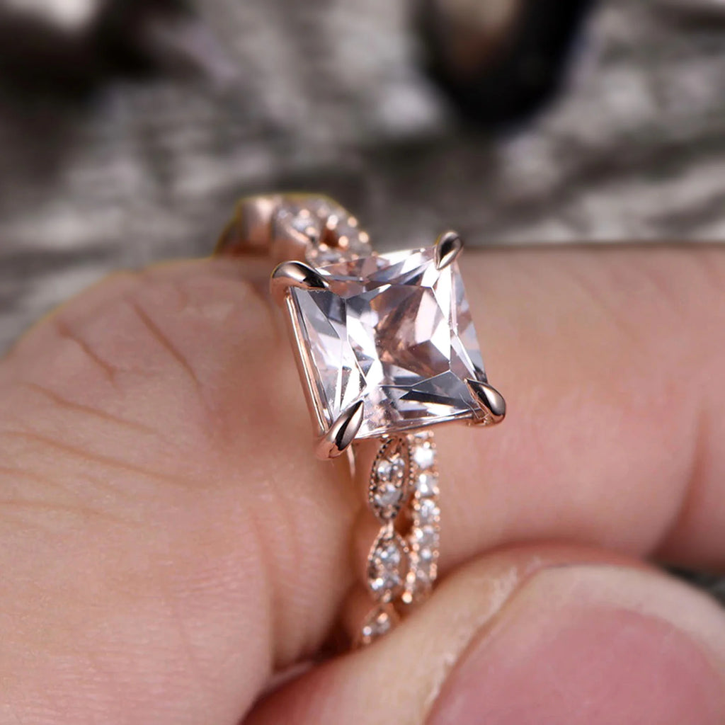 10k Rose Gold Morganite Diamond Moissanite Wedding Set S659