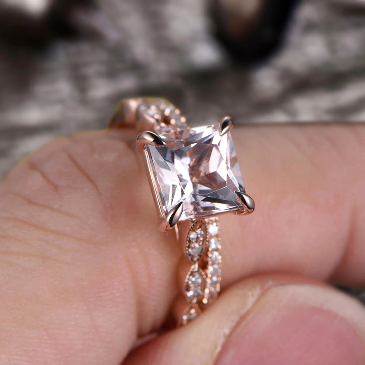 10k Rose Gold Morganite Diamond Moissanite Wedding Set S659