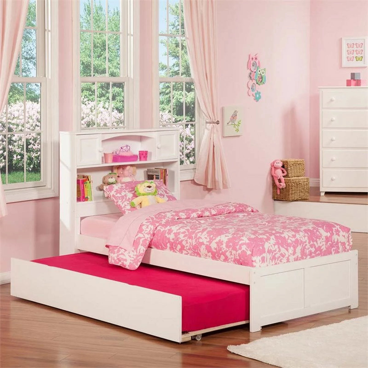 White Solid Wood Twin Trundle Platform Bed Z8876