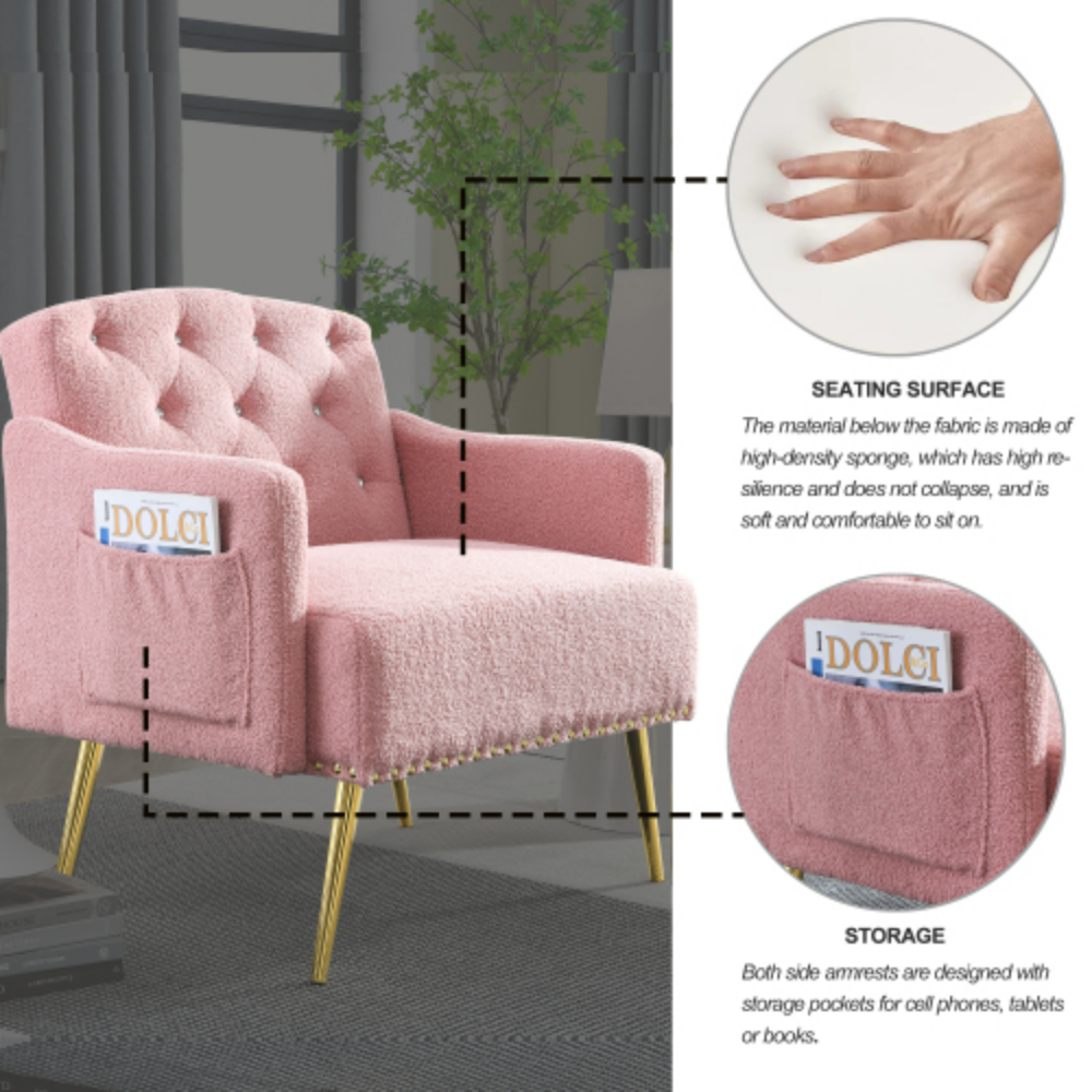 Pink Teddy Upholstered Chesterfield Chair with Gold Hardware Legs H457