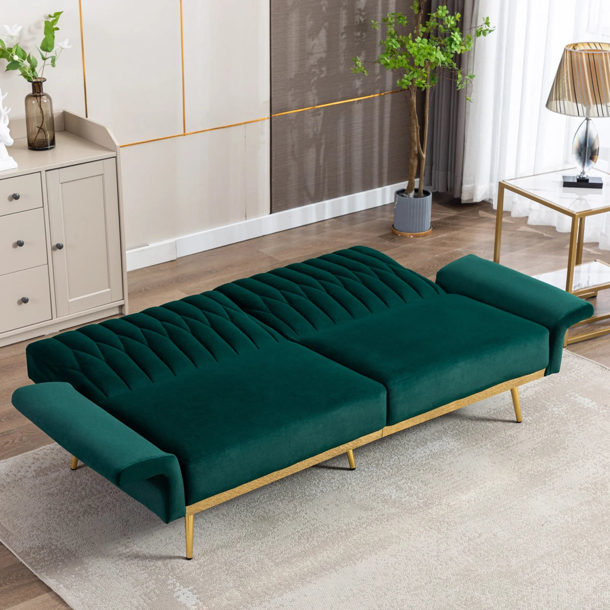 Green Velvet Convertible Futon Sofa Bed X576860