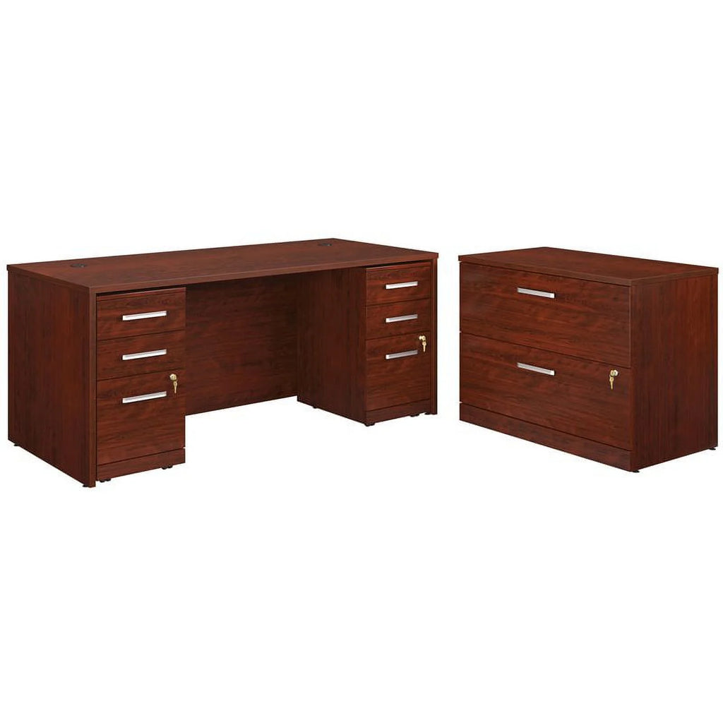 72" x 30" 3-Drawers Desk with Lateral File Cabinet in Cherry F753