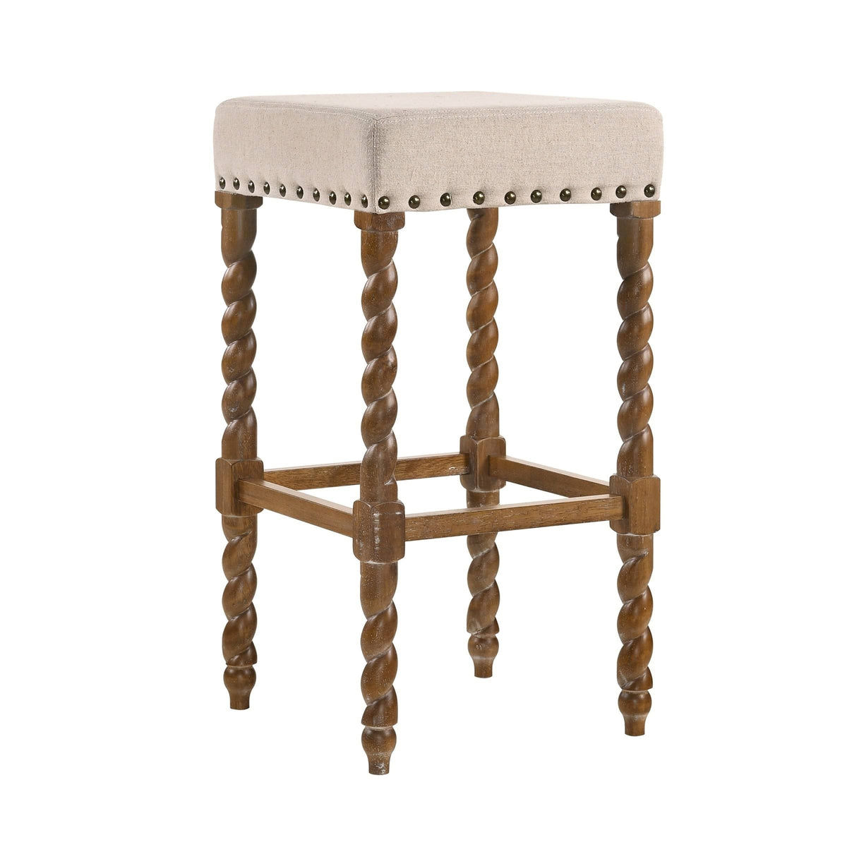 Cream Linen and Espresso Wood Twisted Leg Bar Stool Y11612