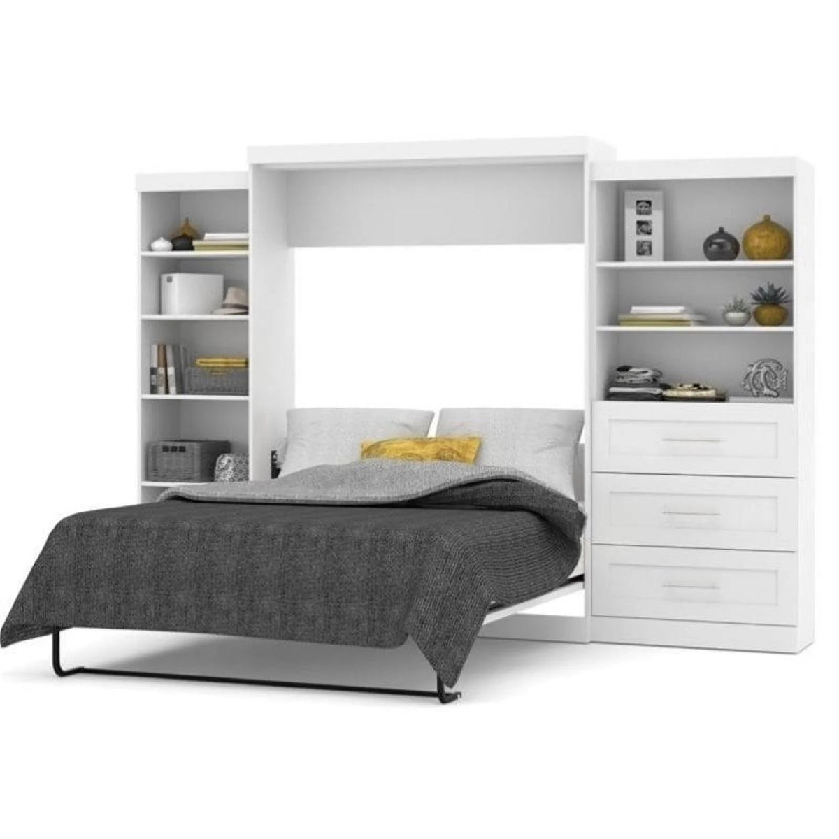 White Wood Queen Storage Wall Bed I599