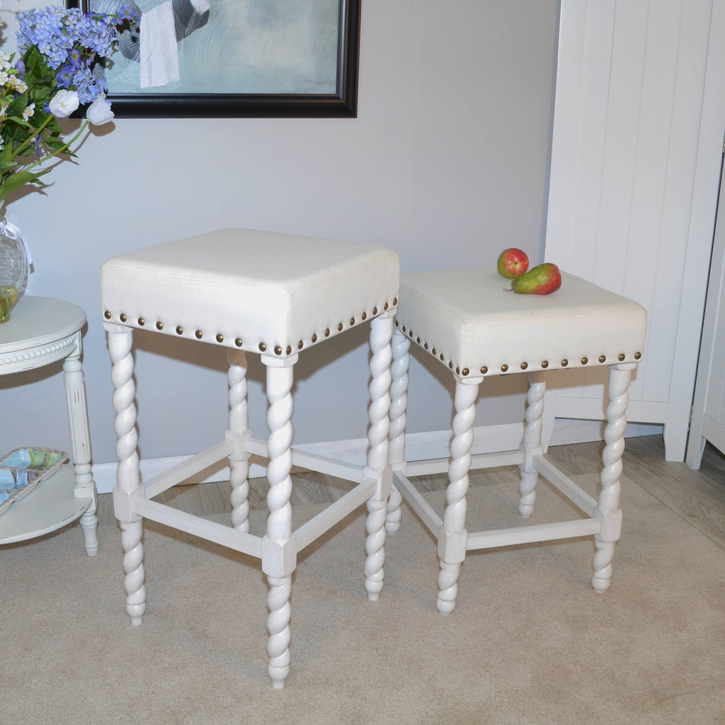 Cream Linen and Espresso Wood Twisted Leg Bar Stool Y11612