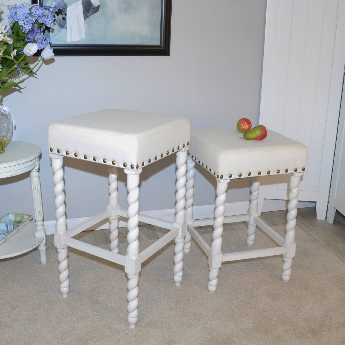Cream Linen and Espresso Wood Twisted Leg Bar Stool Y11612