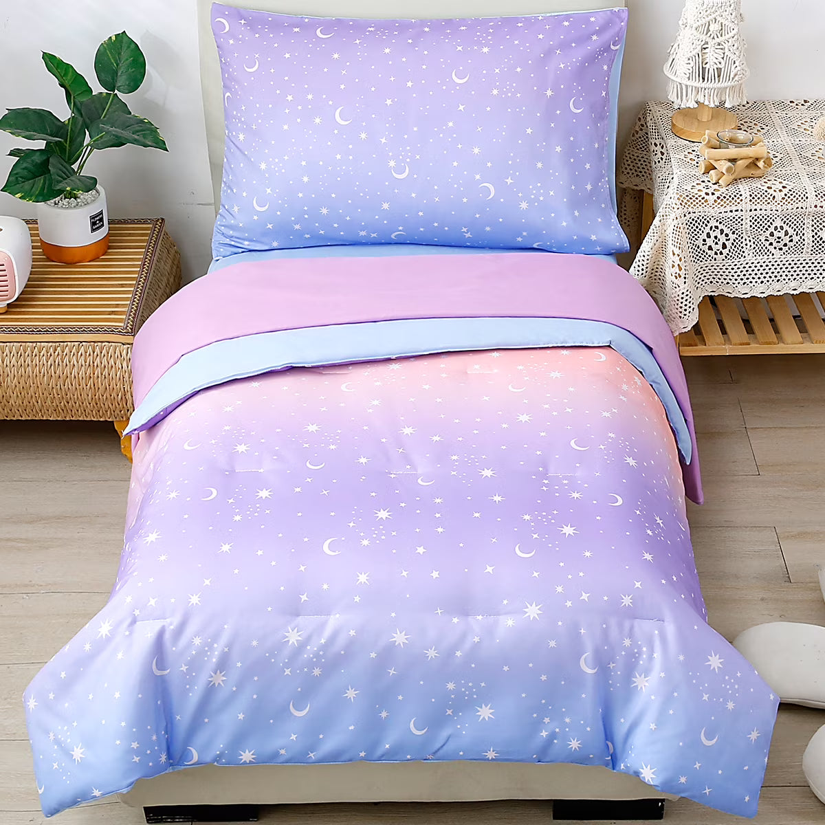 4-Pcs Toddler Bedding Set Microfiber Purple Orange J3304