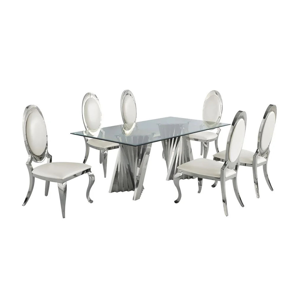 Clear Glass Dining Set with Table and 6 White Chairs B3704