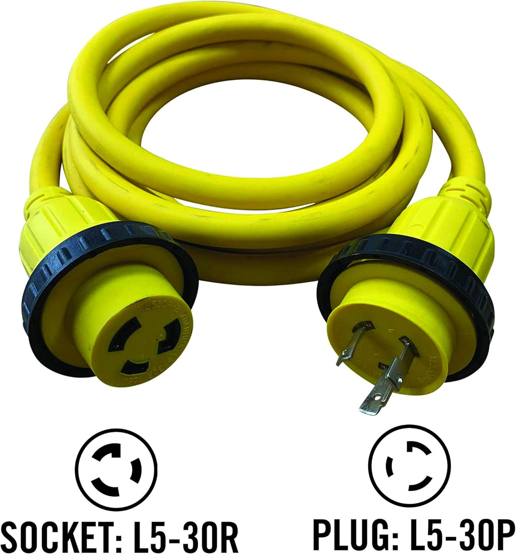 25 FT 30 Amp 125 Volt Marine Shore Power Extension Cord, Yellow, Pack of 2 O250