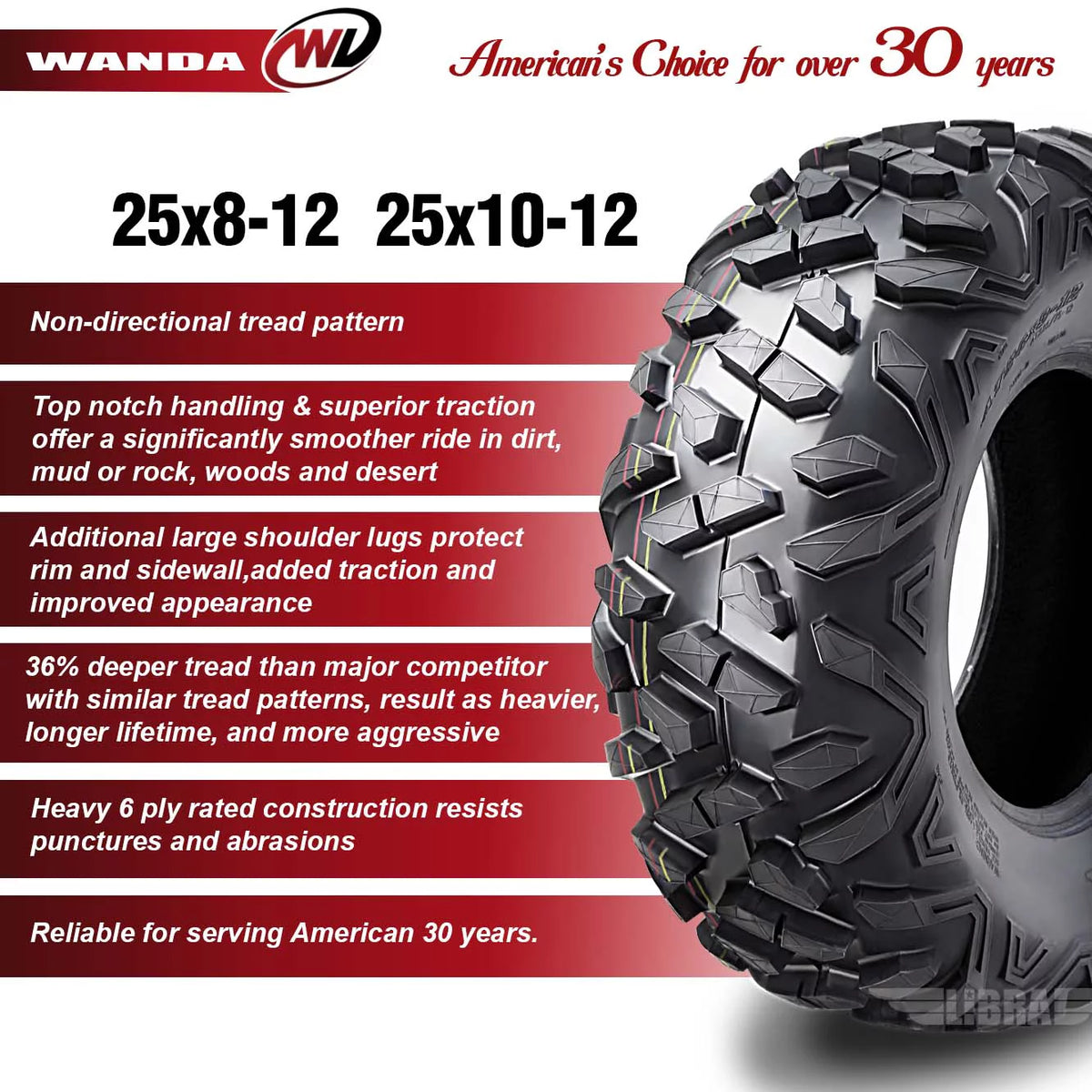 25x8-12 Front & 25x10-12 Rear 6PR ATV/UTV Tires Set 4 Z748